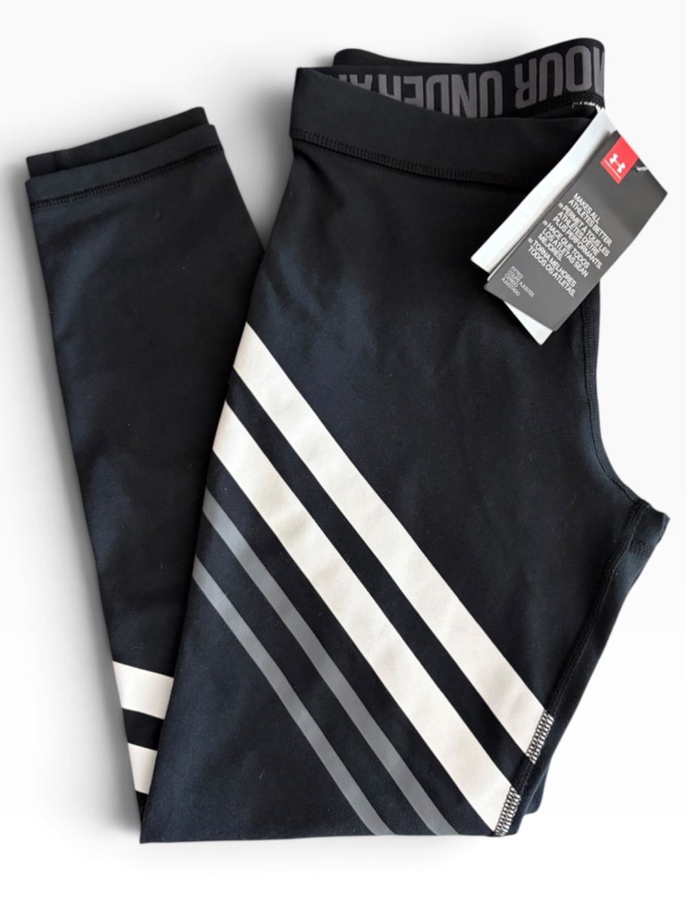 NWT Under Armour Black Training Compression Leggings with White Stripe Accents